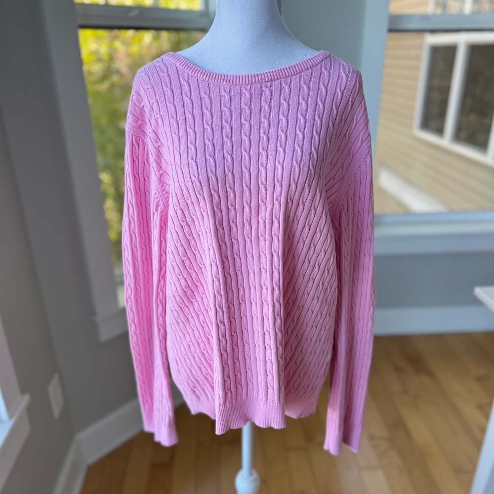 Vintage Basic Editions Pink Cable Knit Cotton Crewneck Sweater Size XL